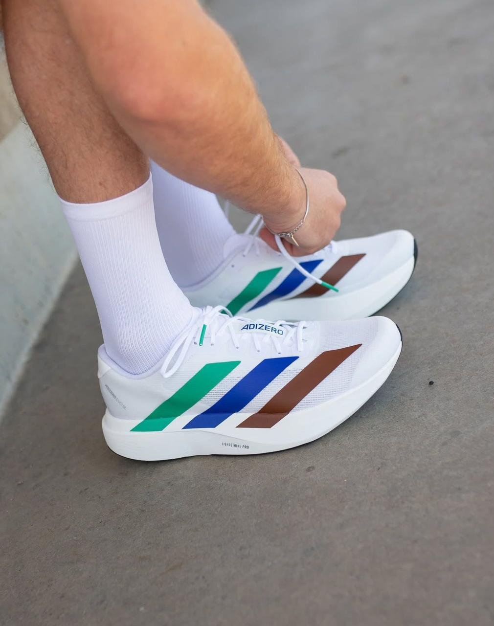Adidas Adizero EVO SL Running Shoes – White with Blue & Green Stripes