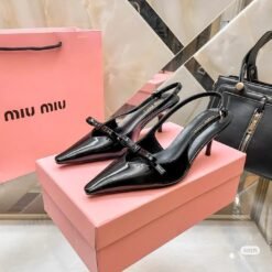 Black Patent Leather Pointed Toe Slingback Luxury Heels – Miu Miu