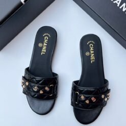 Chanel Women’s Black Quilted Leather Slippers with Gold Hardware – Luxury Designer Flat Slides