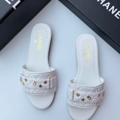 Chanel Women’s White Quilted Leather Slippers with Gold Hardware – Luxury Designer Flat Slides