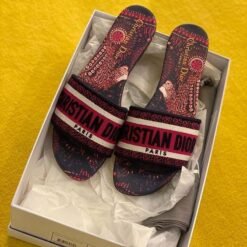 Christian Dior Red Embroidered Slides with Black Sole