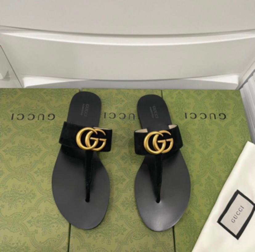 Marmont GG Gold Logo Thong Strappy Summer Sandals Black Leather