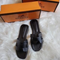 Hermes Black and White Chevron Slippers