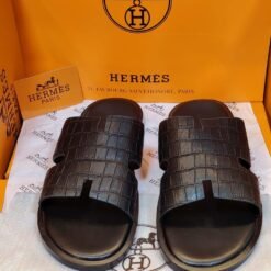 Hermès Men’s Black Crocodile-Texture Leather Slippers – Premium Designer Luxury Slides