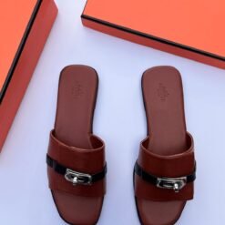 Hermès Men’s Brown Leather Metal Buckle Slippers – Luxury Designer Open-Toe Slides