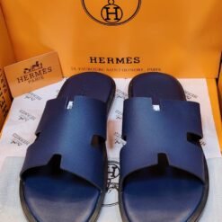 Hermès Men’s Deep Blue Leather H-Cut Slippers – Luxury Designer Comfort Slides