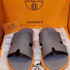 Hermès Men’s Grey Leather H-Cut Slippers with Tan Sole – Premium Designer Sandals