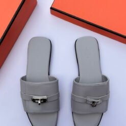 Hermès Men’s Grey Leather Metal Buckle Slippers – Premium Designer Comfort Slides
