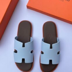 Hermès Men’s Light Blue Leather H-Cut Slippers – Luxury Designer Flat Sandals
