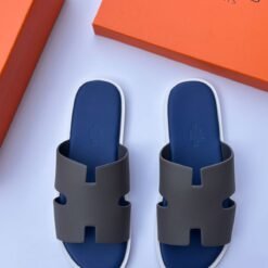 Hermès Men’s Navy Blue Leather H-Cut Slippers – Luxury Comfort Designer Sandals