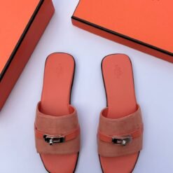 Hermès Men’s Orange Leather Metal Buckle Slippers – Iconic Luxury Designer Slides