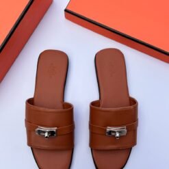 Hermès Men’s Tan Brown Leather Metal Buckle Slippers – Luxury Casual Open Slides