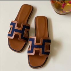 Hermès Oran Navy and Tan H Cutout Slides