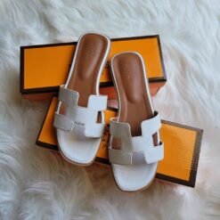 Hermès Oran White Slides with H Cutout and Box