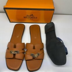 Hermès Tan Flat Slides with Signature H-Buckle – Premium Leather Comfort