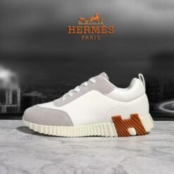 Hermes White & Grey Sneakers with Brown H Detailing