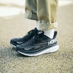 Hoka One One Clifton 9 Black & White Cushioned Running Shoes