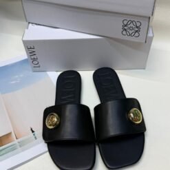 Loewe Slide Sandals Black Leather with Gold Round Logo – Loewe