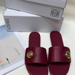 Loewe Slide Sandals Burgundy Leather with Gold Round Logo – Loewe