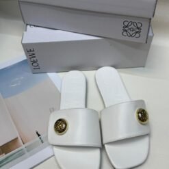 Loewe Slide Sandals White Leather with Gold Round Logo – Loewe
