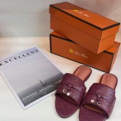 Loro Piana Slide Sandals Maroon Textured with Gold Buckle – Loro Piana