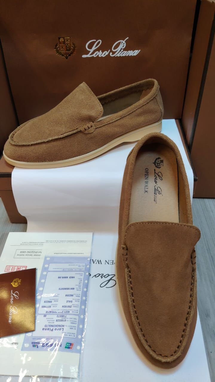 Loro Piana Tan Leather Loafers Top & Side View