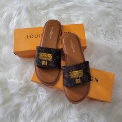 Louis Vuitton Tan Leather Slides with Gold Monogram Buckle