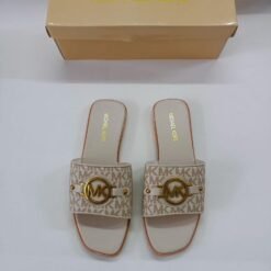 Michael Kors Slide Sandals Beige with White & Gold MK Pattern – Michael Kors
