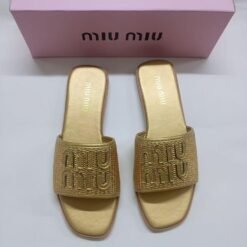 Miu Miu Slide Sandals Golden Beige with Embossed Logo Design – Miu Miu