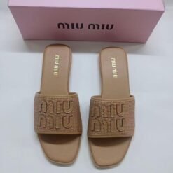 Miu Miu Slide Sandals Tan Brown with Embossed Logo Design – Miu Miu