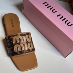 Miu Miu Tan Logo Strap Slides – Stylish Comfort for Everyday Wear
