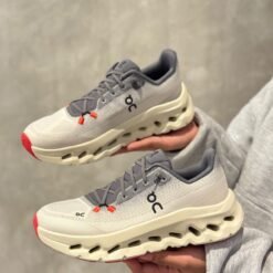 On Cloud Running Shoe Ivory with Grey & Red Accents