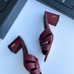 Saint Laurent Women’s Burgundy Leather Block Heel Sandals – Luxury Designer Open-Toe Sandals