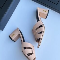 Saint Laurent Women’s Nude Beige Leather Block Heel Sandals – Luxury Designer Open-Toe Sandals