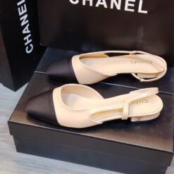Slingback Leather Heels in Beige with Black Toe Cap – Chanel