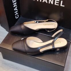 Slingback Leather Heels in Black with Beige Lining – Chanel