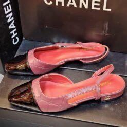 Slingback Leather Heels in Coral Pink with Brown Patent Toe Cap – Chanel