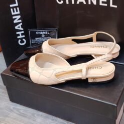 Slingback Leather Heels in White with Brown Patent Toe Cap – Chanel