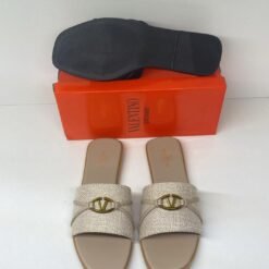 Valentino Slide Sandals Beige with Gold V Logo – Valentino Garavani