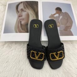 Valentino Slide Sandals Black Quilted with Gold V Logo – Valentino Garavani
