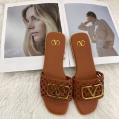 Valentino Slide Sandals Brown Crochet with Gold V Logo – Valentino Garavani