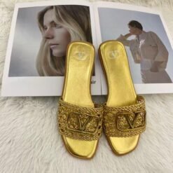 Valentino Slide Sandals Golden Embroidered with Gold V Logo – Valentino Garavani