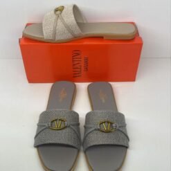 Valentino Slide Sandals Grey with Gold V Logo – Valentino Garavani