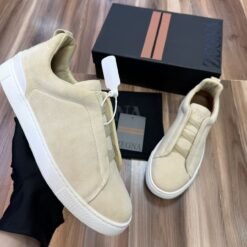 ZEGNA Men’s Beige Suede Slip-On Sneakers – Minimal Luxury Casual Shoes