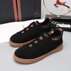 ZEGNA Men’s Black Canvas Sneakers with Brown Sole – Designer Casual Luxury Shoes