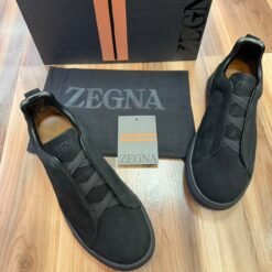 ZEGNA Men’s Black Leather Slip-On Sneakers – Premium Luxury Everyday Shoes