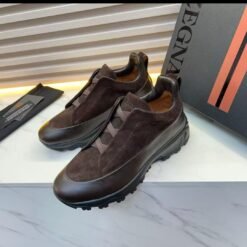 ZEGNA Men’s Dark Brown Leather Casual Sneakers – Premium Luxury Comfort Shoes