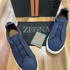 ZEGNA Men’s Navy Blue Suede Slip-On Sneakers – Premium Designer Casual Footwear